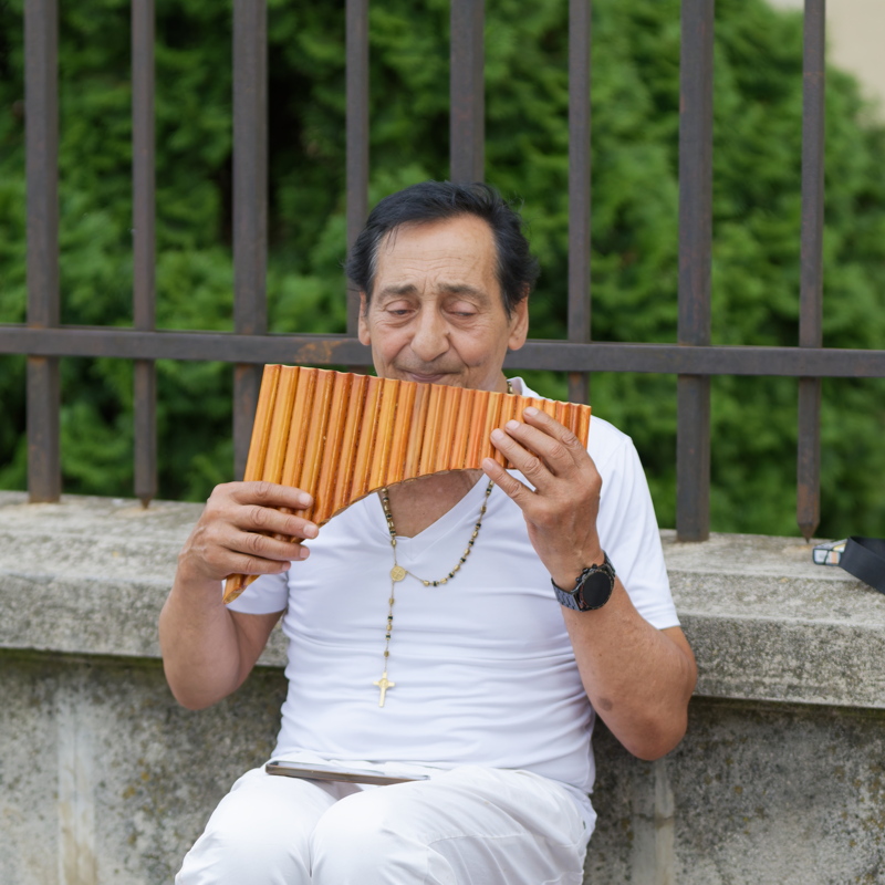 16 - Elderly man playing pan flute by a street fence